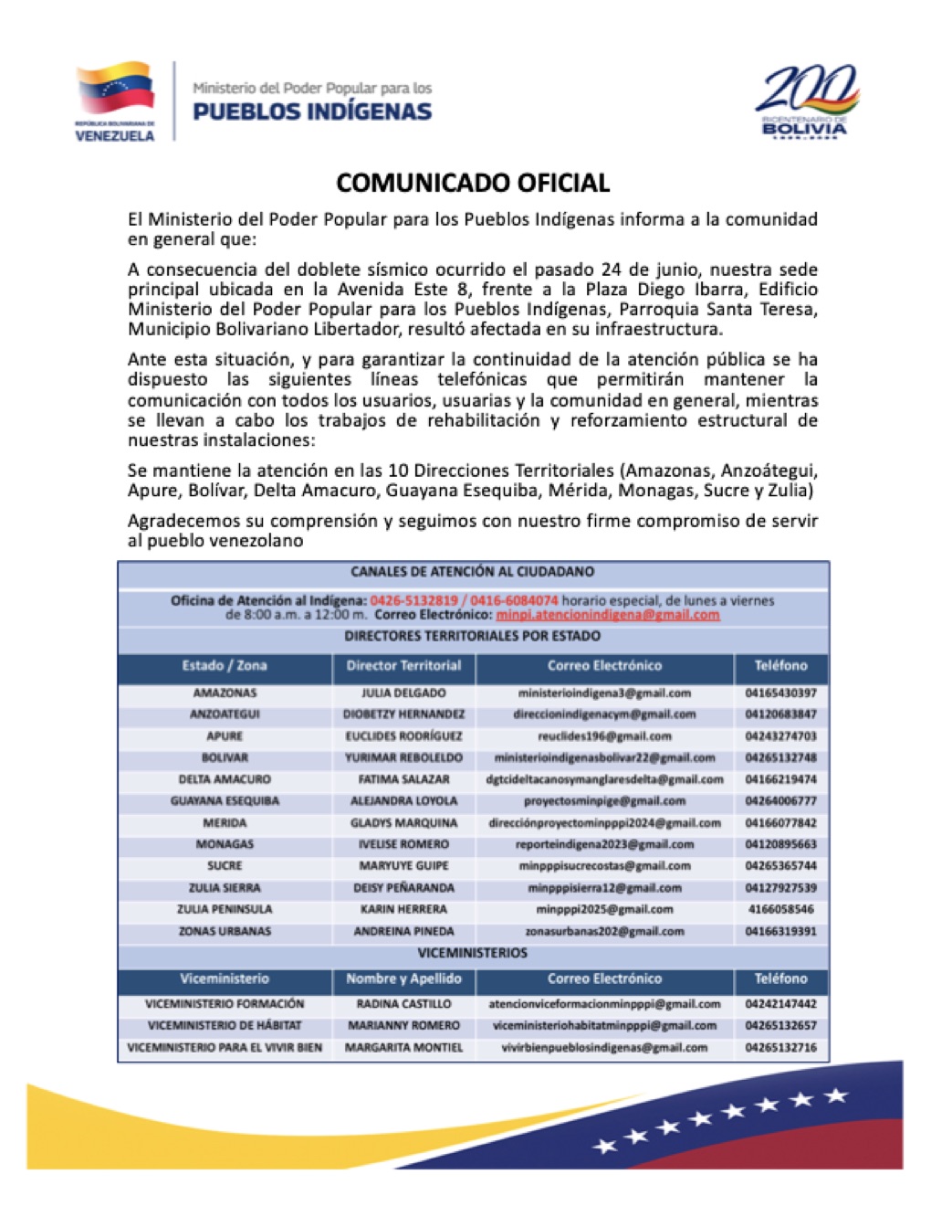 Comunicado oficial del Ministerio del Poder Popular para los Pueblos Indígenas sobre canales de atención y direcciones territoriales